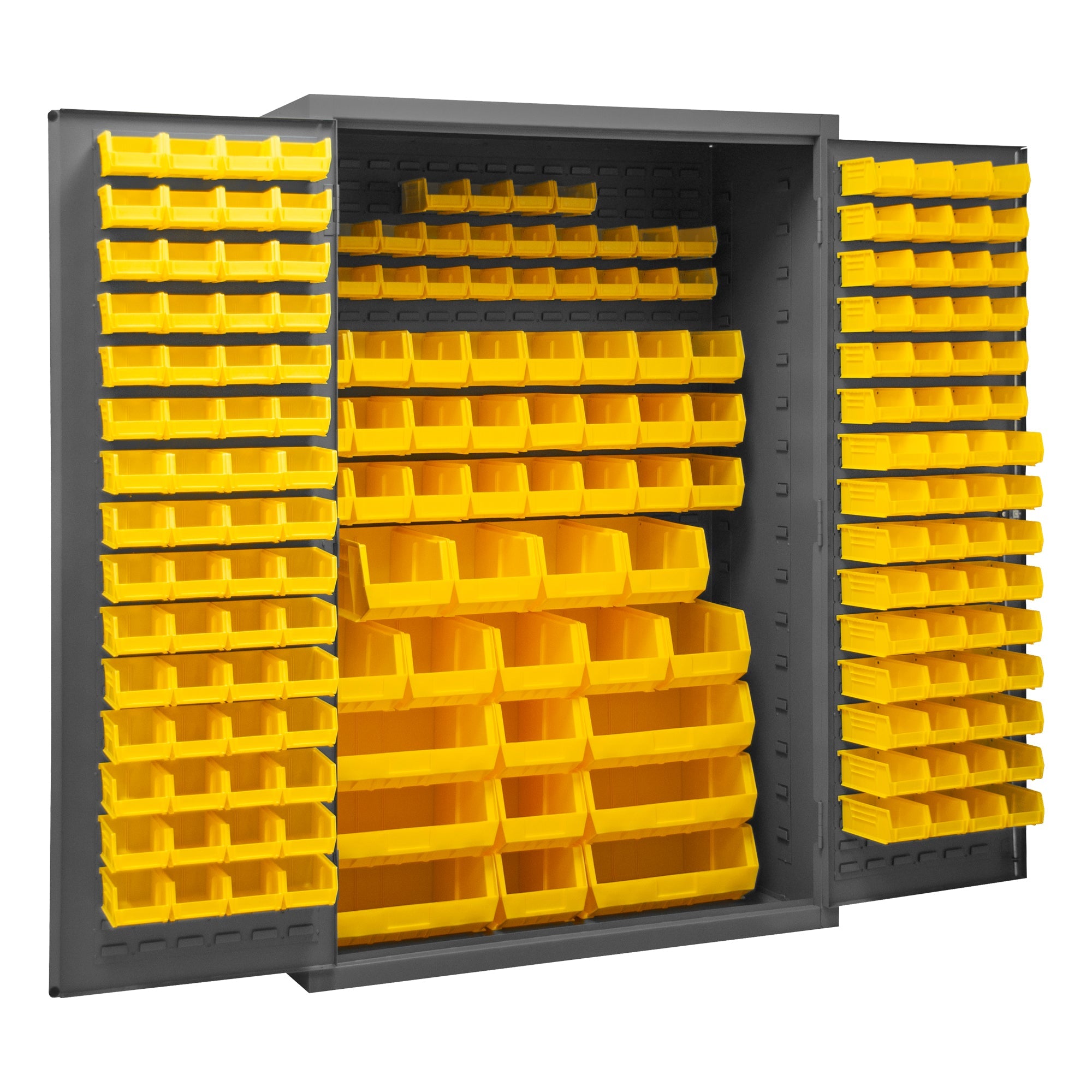 Metal Locking Storage Cabinet with 186 Yellow Hook-On-Bins