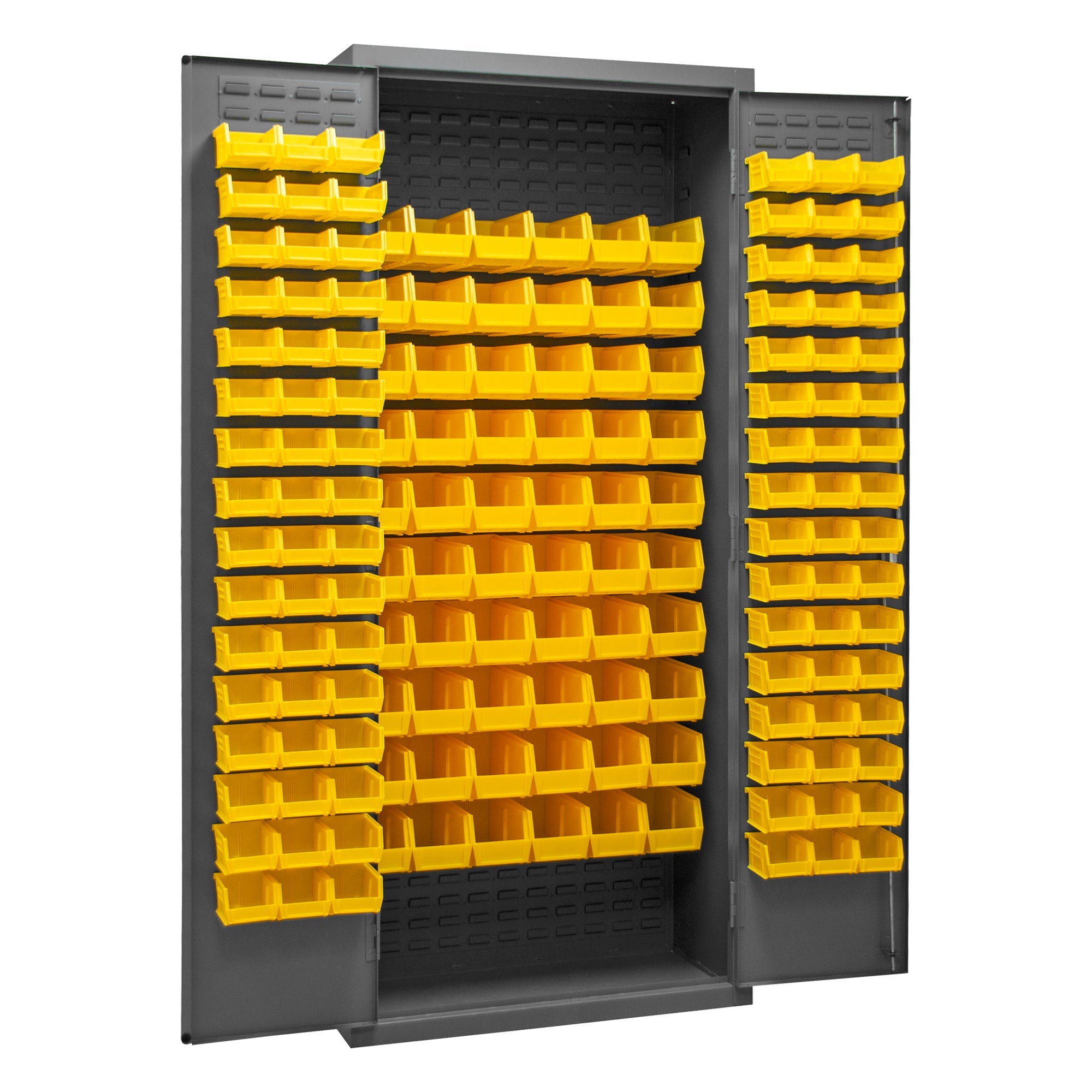 Metal Locking Storage Cabinet with 156 Yellow Hook-On-Bins