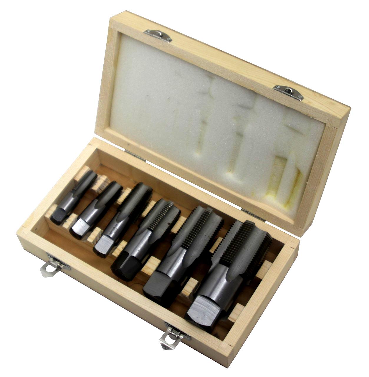 6 Piece High Speed Steel NPT Pipe Tap Set (1/4" 3/8" 1/2" 3/4" 1" and 1-1/4" in Wooden Case)