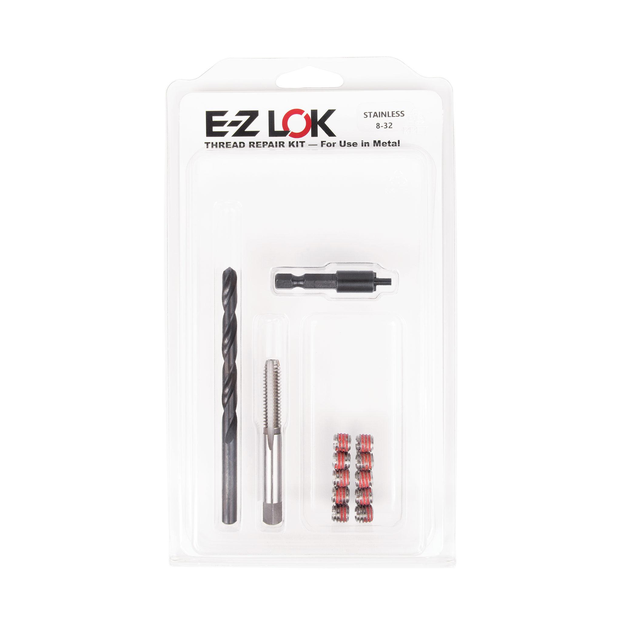 #8-32 x 5/16"-18 Stainless Steel Solid Wall Threaded Insert W/Red Loctite Standard Repair Kit with Inserts, Drill Bit, Tap, and Install Tool