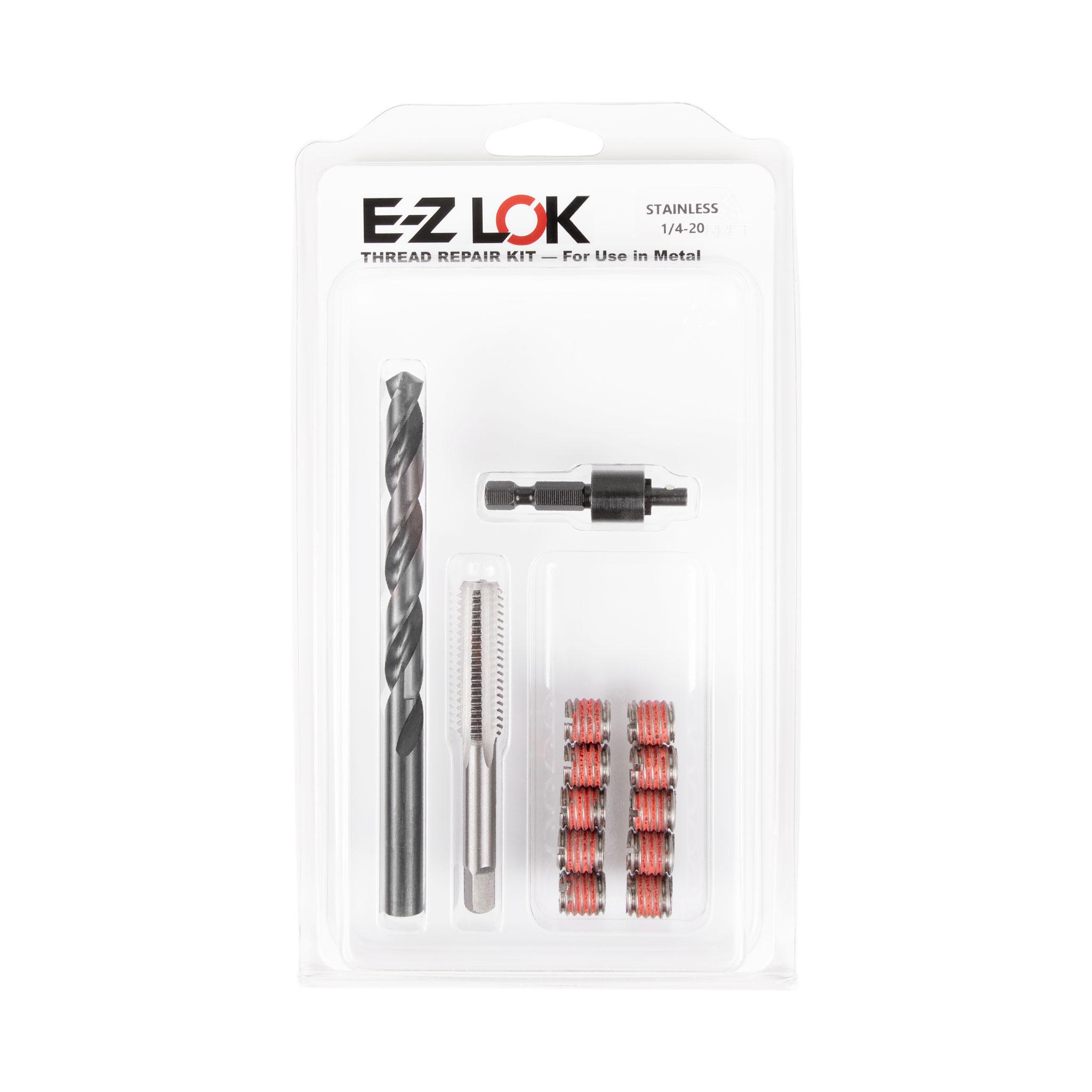 1/4"-20 x 7/16"-14 Stainless Steel Solid Wall Threaded Insert W/Red Loctite Standard Repair Kit with Inserts, Drill Bit, Tap, and Install Tool