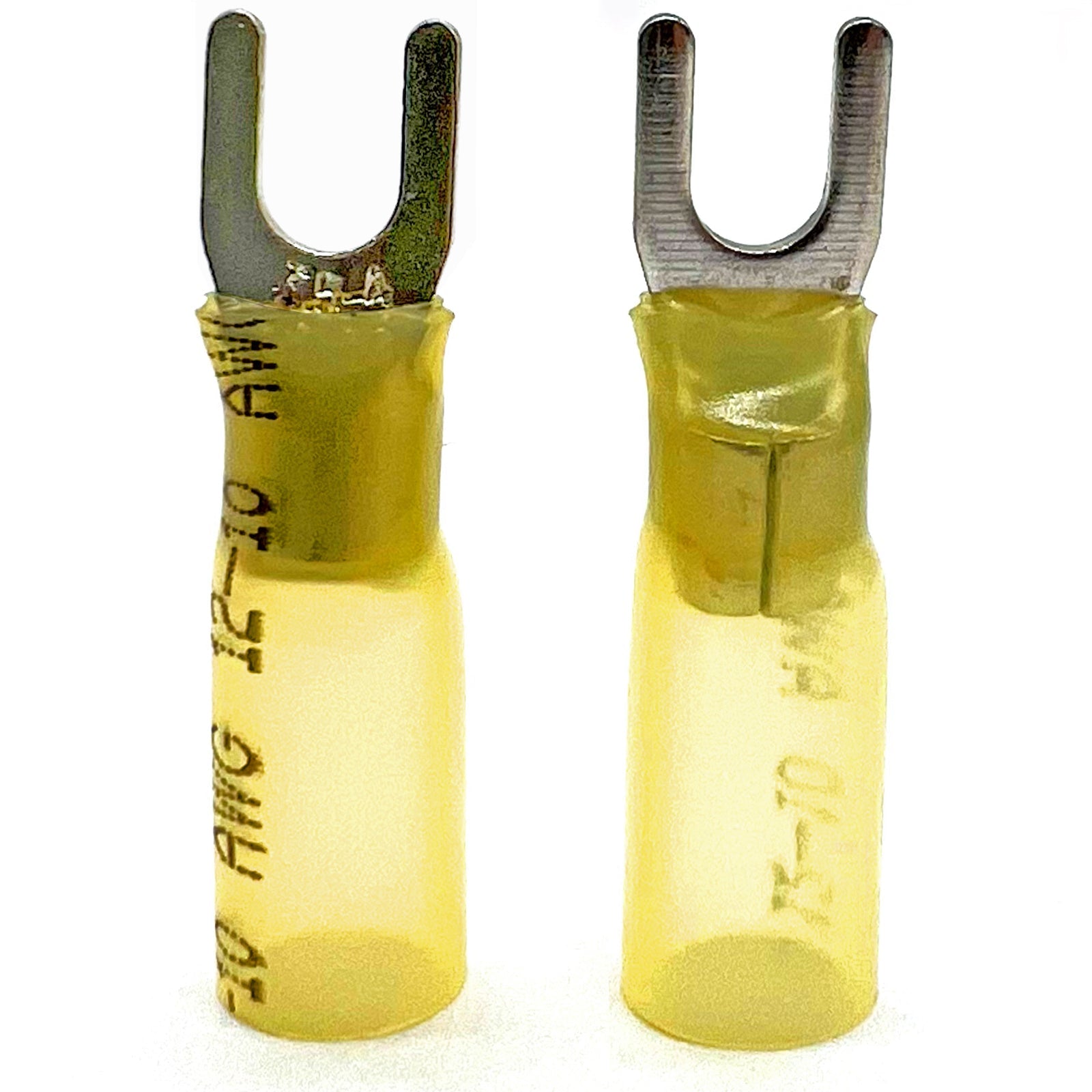 Yellow Heat Shrink Marine Grade #8 U-Type Fork Connectors, AWG 12-10