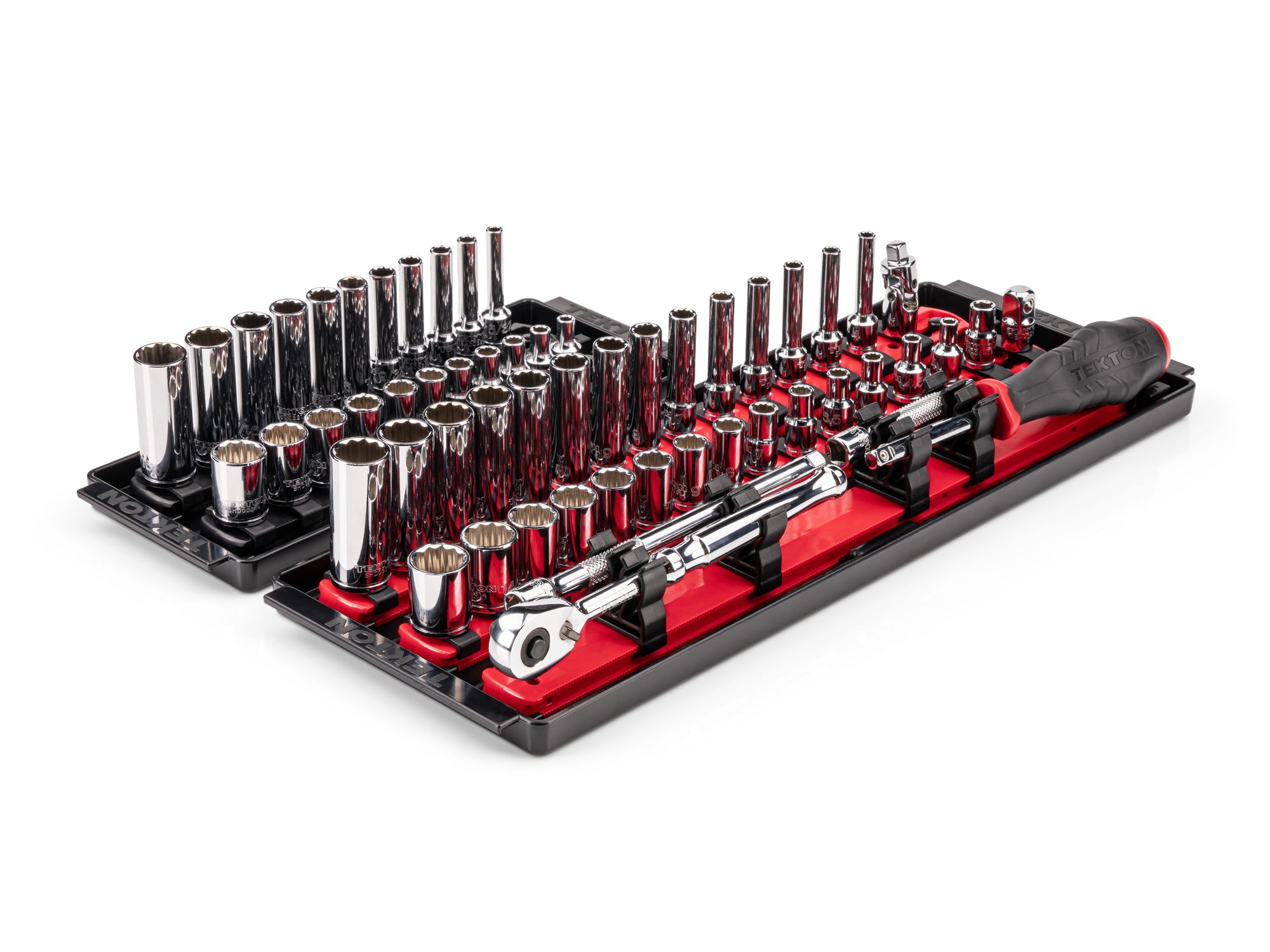 1/4 Inch Drive Shallow and Deep 12-Point Socket and Ratchet Set with Rails and Trays, 57-Piece (5/32 - 9/16 in., 4 - 15 mm)