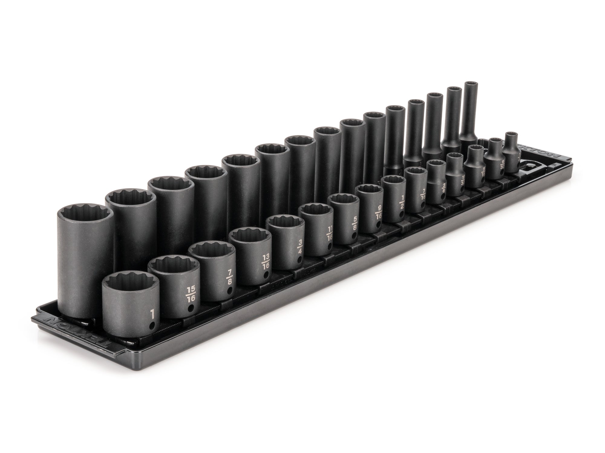 3/8 Inch Drive Shallow and Deep 12-Point Impact Socket Set with Rails and Tray, 30-Piece (1/4 - 1 in.)