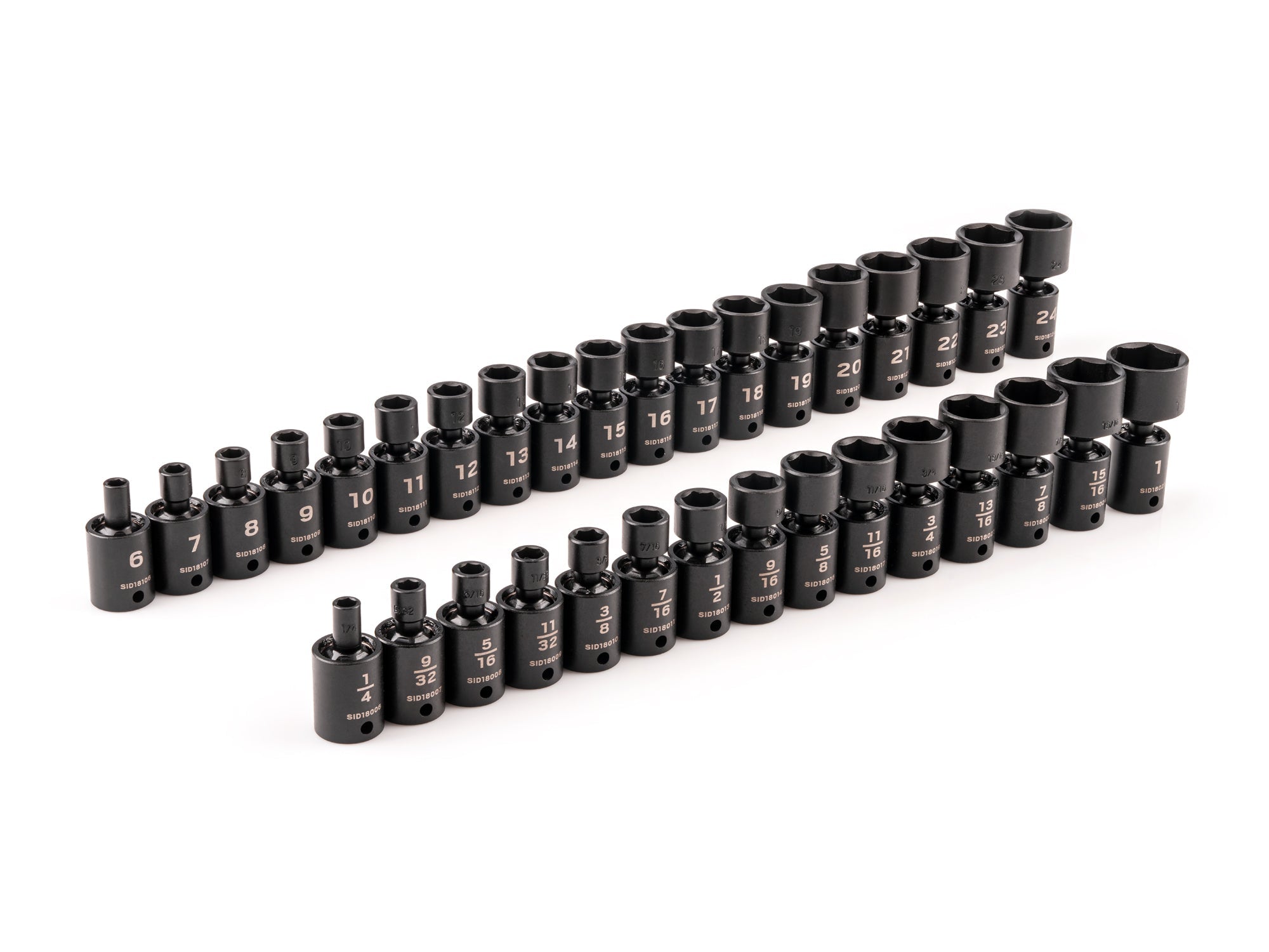 3/8 Inch Drive Shallow 6-Point Universal Joint Impact Socket Set, 34-Piece (1/4 - 1 in., 6 - 24 mm)