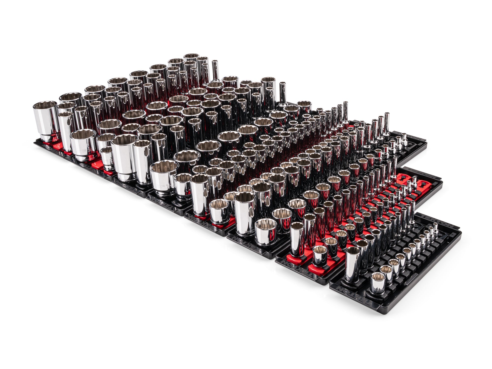 1/4, 3/8, 1/2 Inch Drive Shallow and Deep 12-Point Socket Set with Rails and Trays (214-Piece)