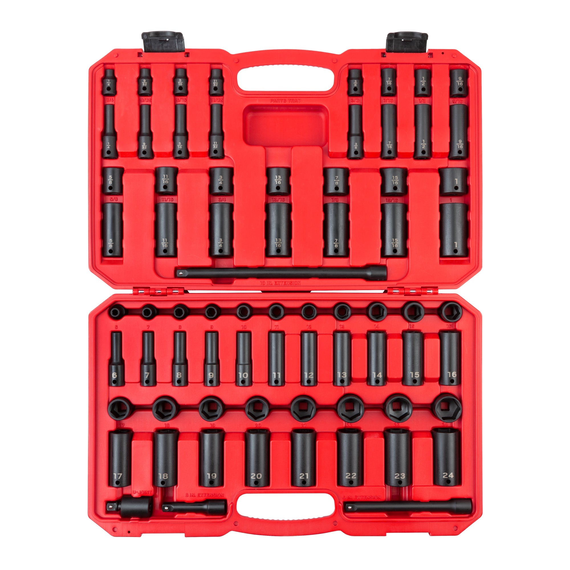 3/8 Inch Drive Shallow and Deep 6-Point Impact Socket Set with Case, 72-Piece (1/4 - 1 in., 6 - 24 mm)