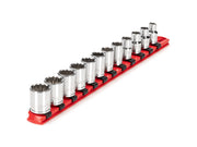 3/8 Inch Drive Shallow 12-Point Socket Set with Rail, 12-Piece (8 - 19 mm)