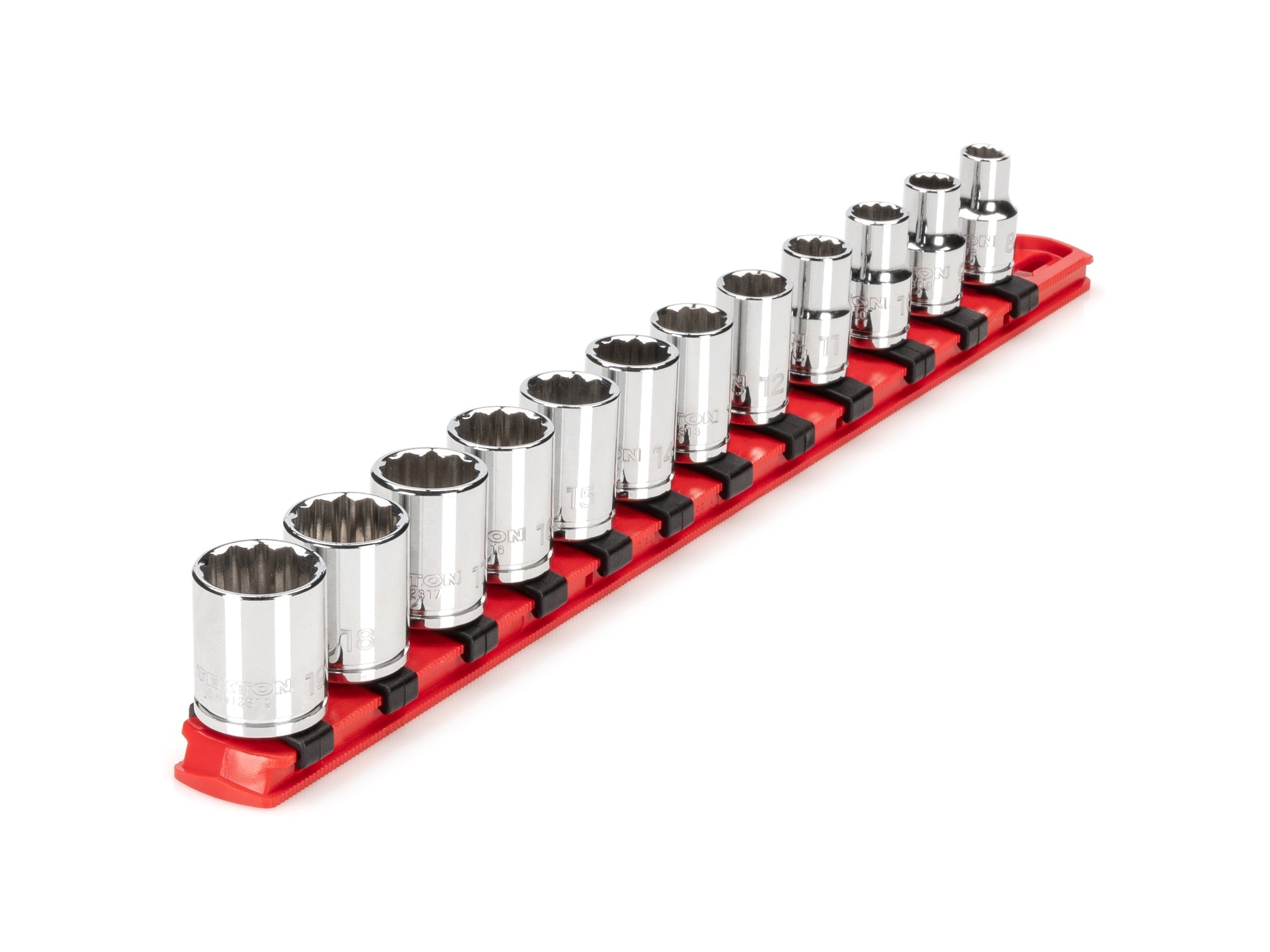 3/8 Inch Drive Shallow 12-Point Socket Set with Rail, 12-Piece (8 - 19 mm)