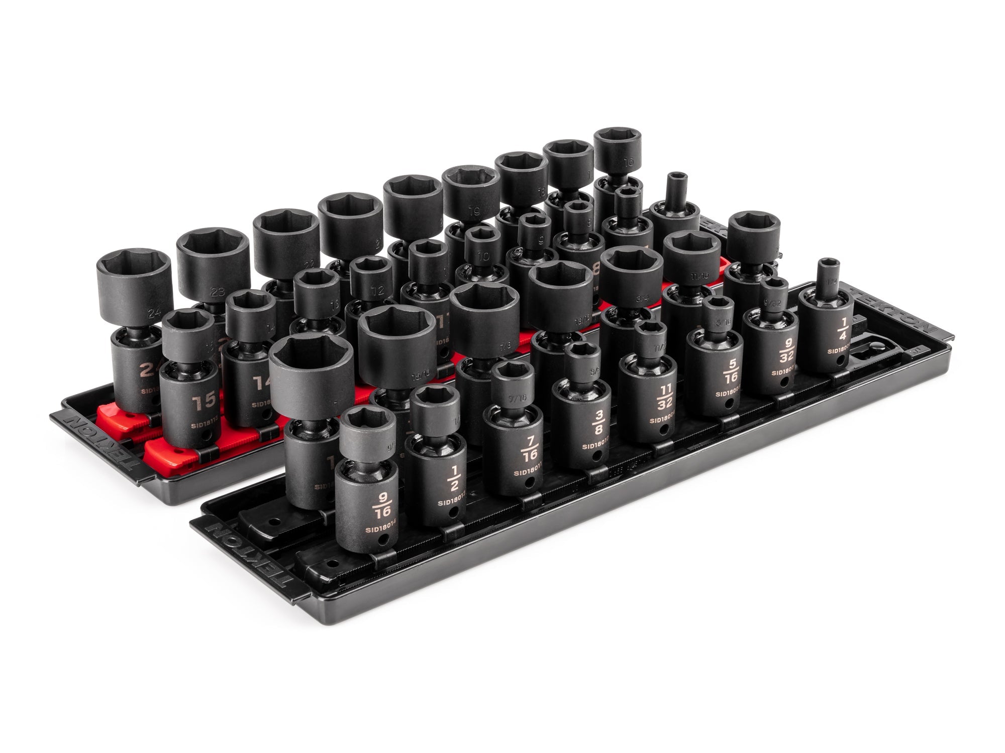 3/8 Inch Drive Shallow 6-Point Universal Joint Impact Socket Set with Rails and Trays, 34-Piece (1/4 - 1 in., 6 - 24 mm)