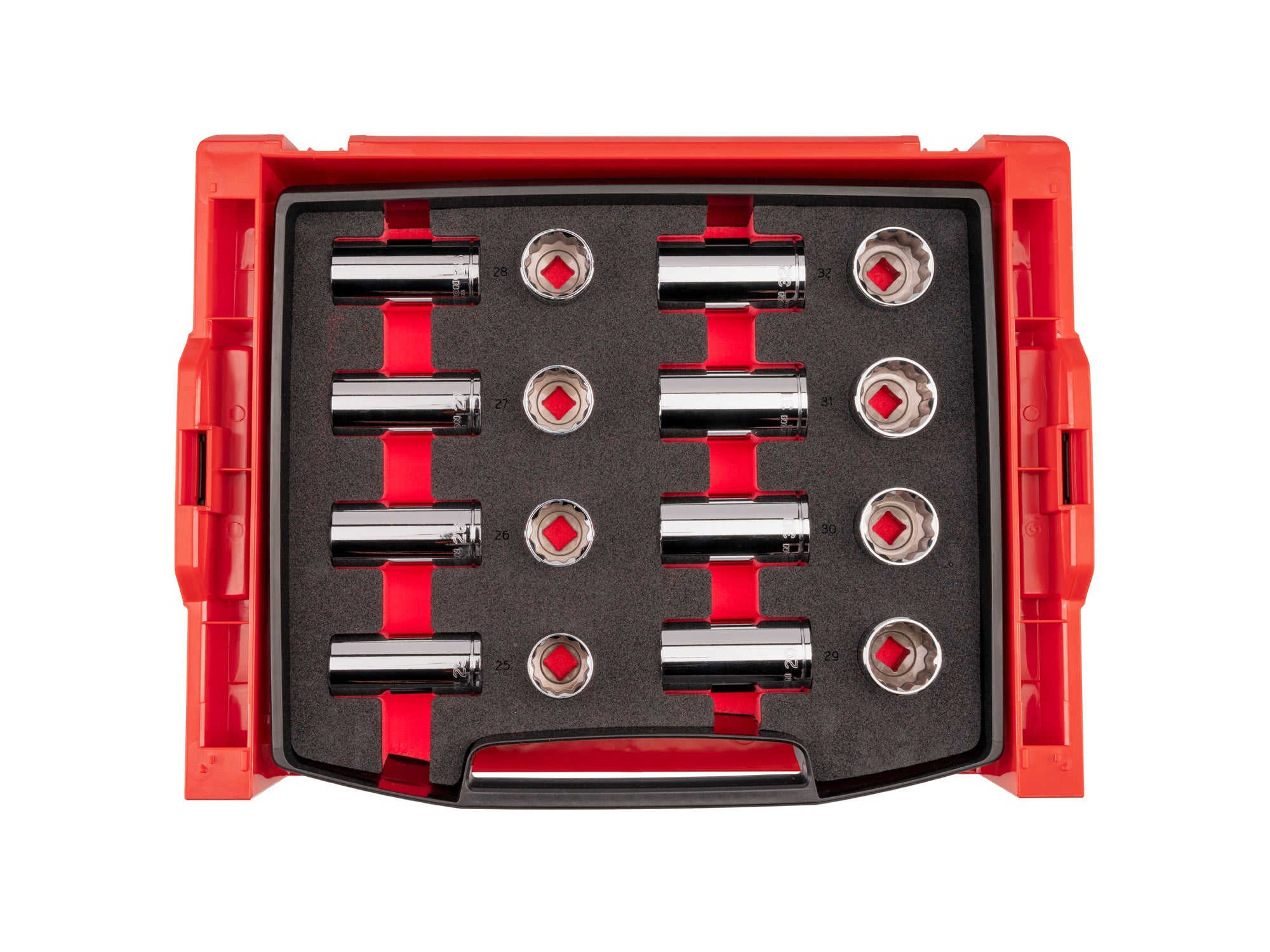 1/2 Inch Drive Shallow and Deep 12-Point Socket Set with Open Top Drawer and Rack, 16-Piece (25 - 32 mm)