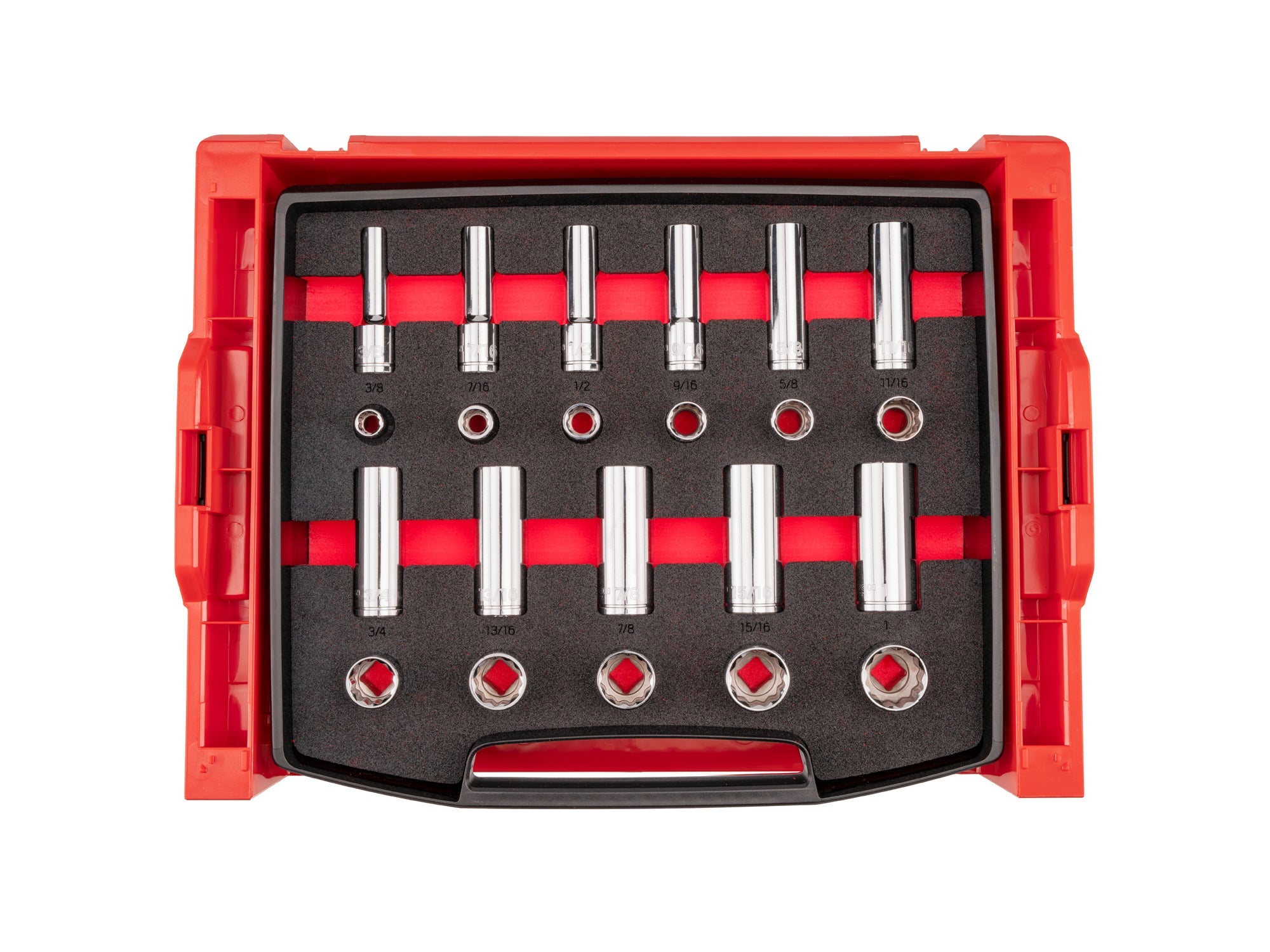 1/2 Inch Drive Shallow and Deep 12-Point Socket Set with Open Top Drawer and Rack, 22-Piece (3/8 - 1 in.)