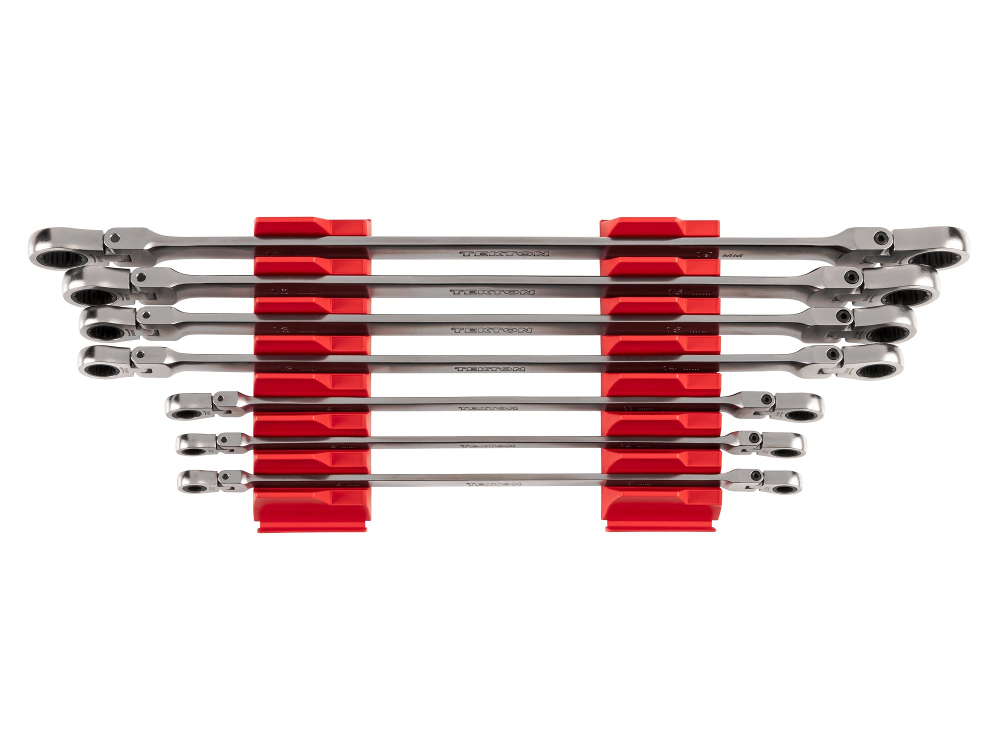 Long Flex Head 12-Point Ratcheting Box End Wrench Set with Modular Organizers, 7-Piece (6-19 mm)
