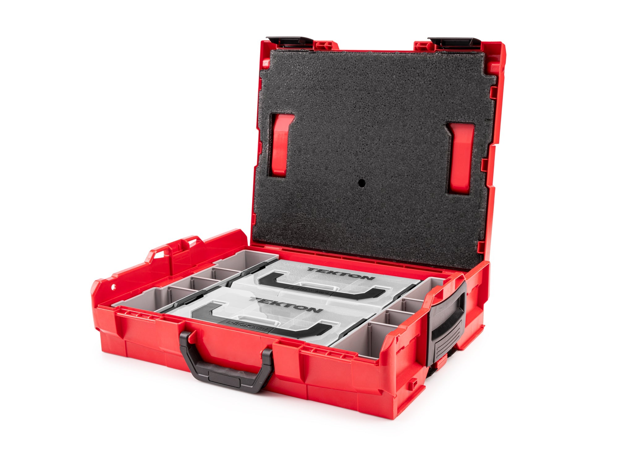 Shallow Stacking Tool Box (L-BOXX 1) with Black Mini Stacking Tool Box (L-BOXX Mini) and Organizer Bins