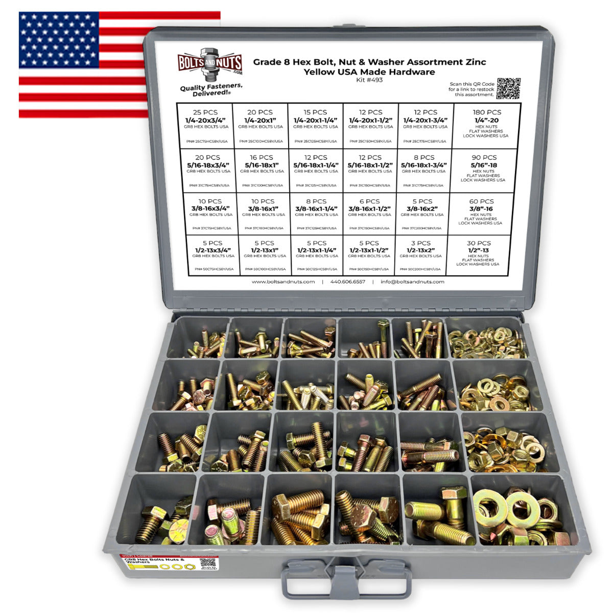 Inch Grade 8 Hex Cap Screws, Nut & Washer Assortment Zinc Yellow USA Made Hardware - 574 PCS