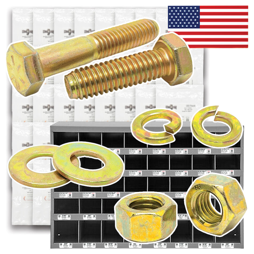 Inch Grade 8 Fine Hex Cap Screws, Hex Nuts, Flat & Lock Washers Zinc Yellow USA Made Hardware - 2012 PCS