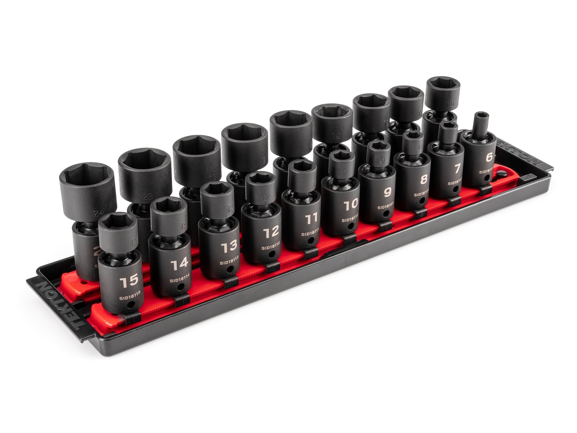 3/8 Inch Drive Shallow 6-Point Universal Joint Impact Socket Set with Rails and Tray, 19-Piece (6 - 24 mm)