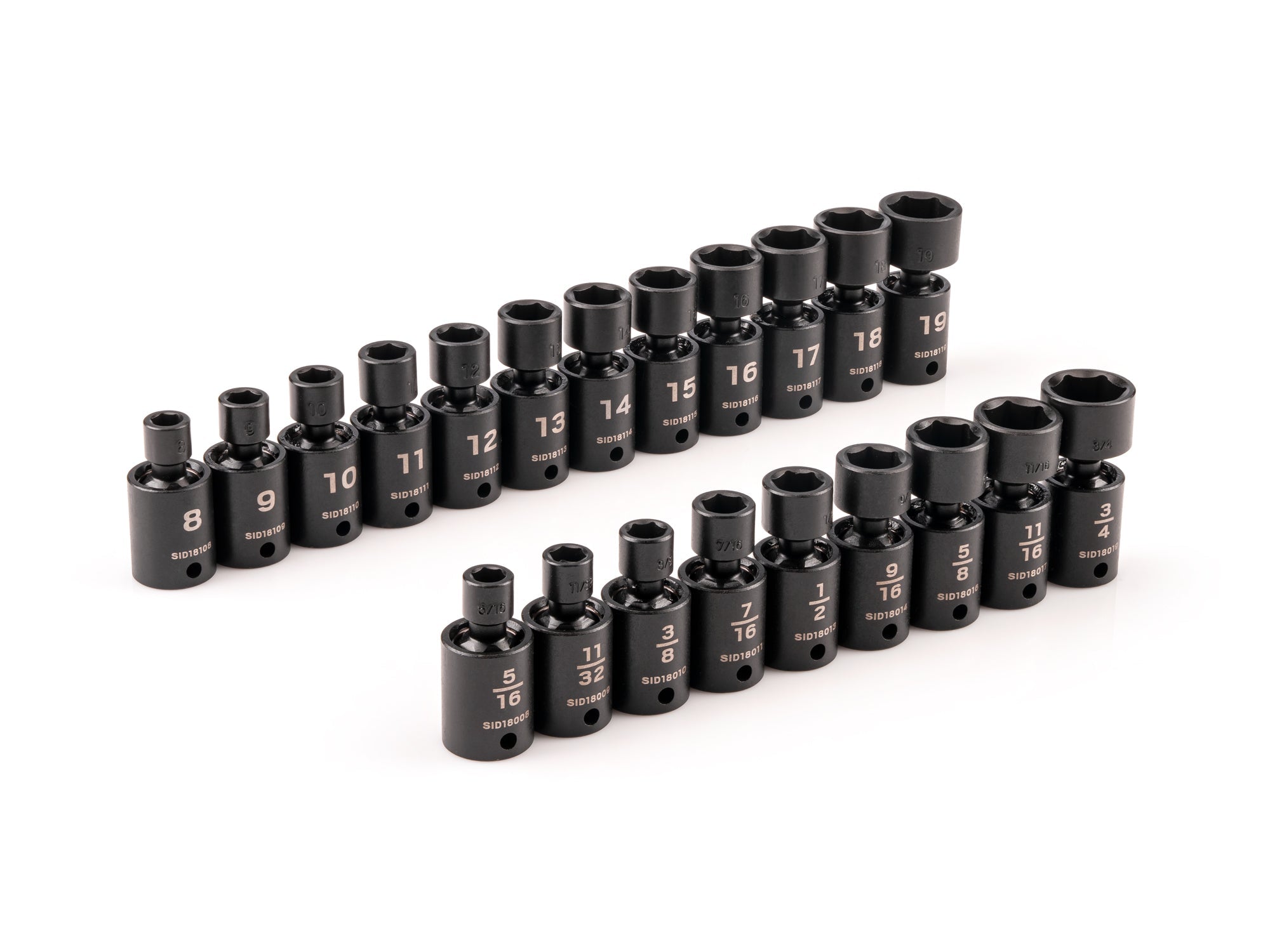 3/8 Inch Drive Shallow 6-Point Universal Joint Impact Socket Set, 21-Piece (5/16 - 3/4 in., 8 - 19 mm)