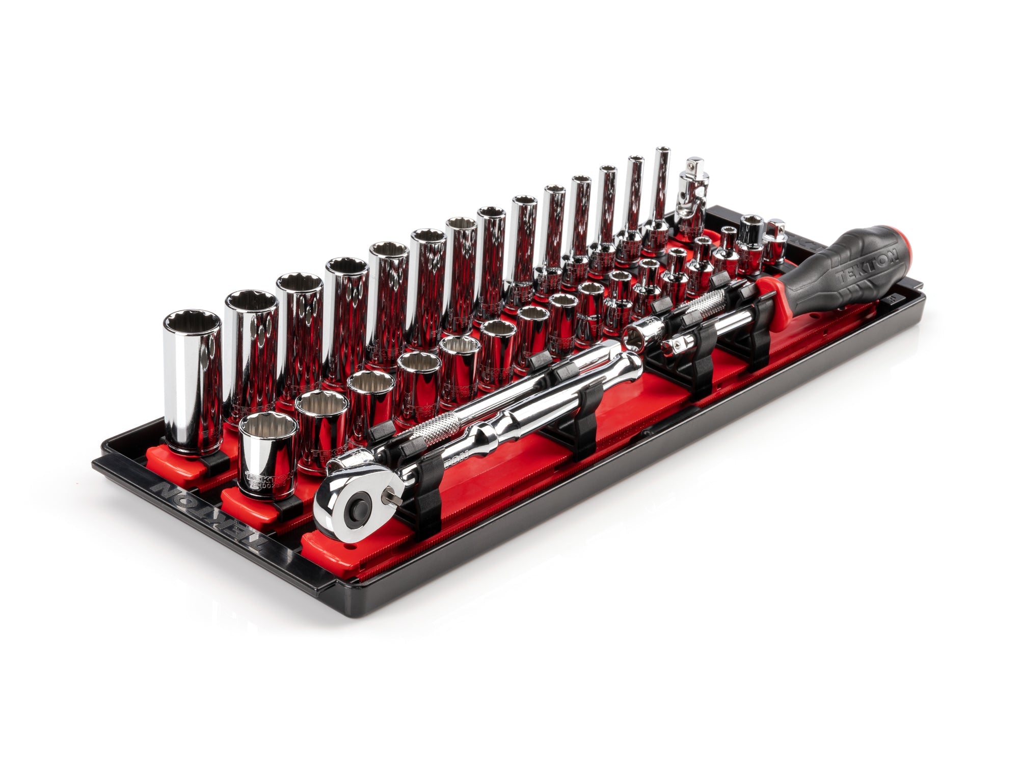 1/4 Inch Drive Shallow and Deep 12-Point Socket and Ratchet Set with Rails and Tray, 35-Piece (4 - 15 mm)