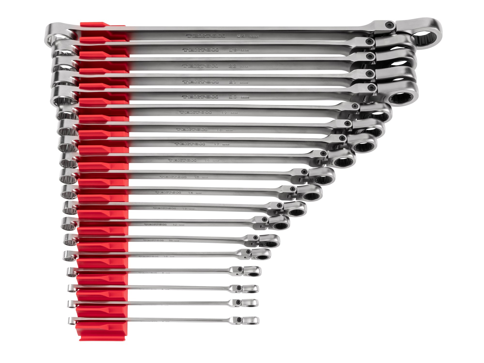 Long Fixed/Flex Head 12-Point Ratcheting Box End Wrench Set with Modular Organizers, 19-Piece (6-24 mm)