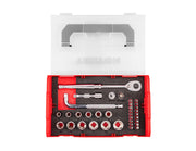 3/8 Inch Drive 6-Point Socket, Bit, and Ratchet Set with Mini Stacking Tool Box (35-Piece)