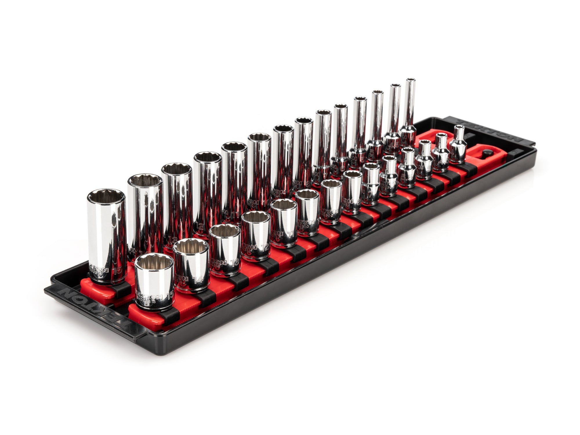 1/4 Inch Drive Shallow and Deep 12-Point Socket Set with Rails and Tray, 28-Piece (4 - 15 mm)