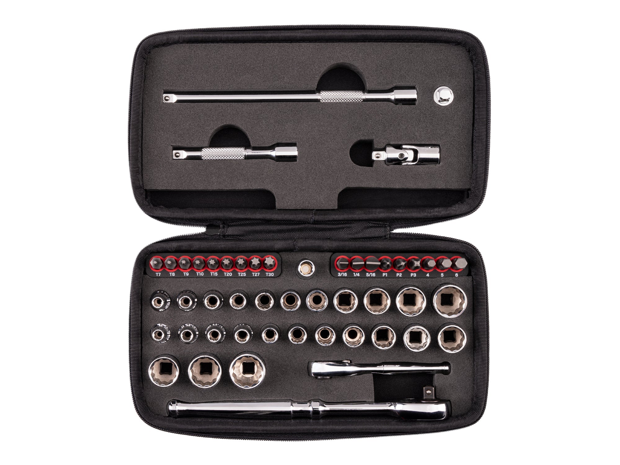 1/4 Inch Drive 12-Point Small Engine Shallow Socket, Bit, and Quick Release Ratchet Set with Case (50-Piece)