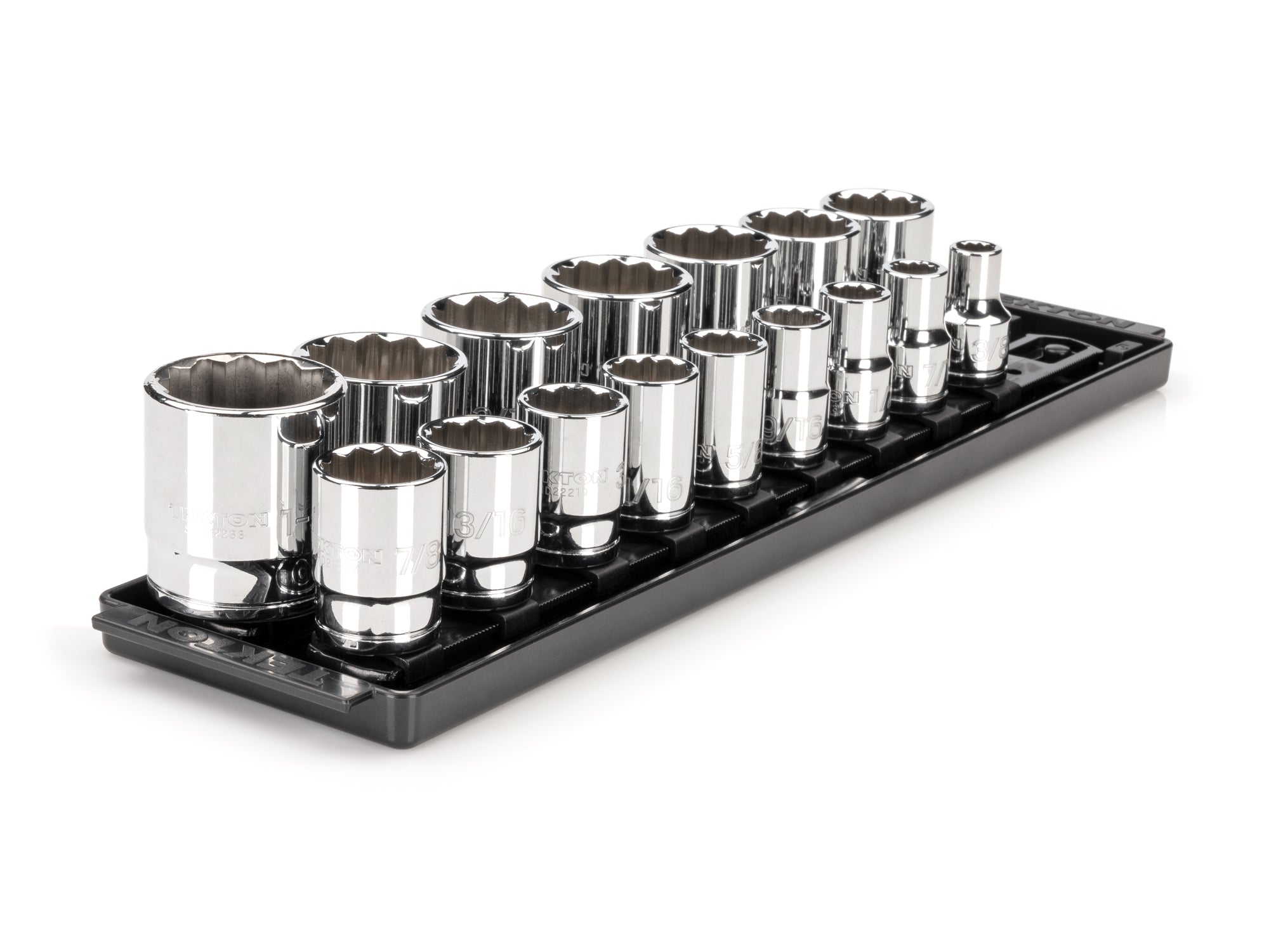 1/2 Inch Drive Shallow 12-Point Socket Set with Rails and Tray, 16-Piece (3/8 - 1-5/16 in.)