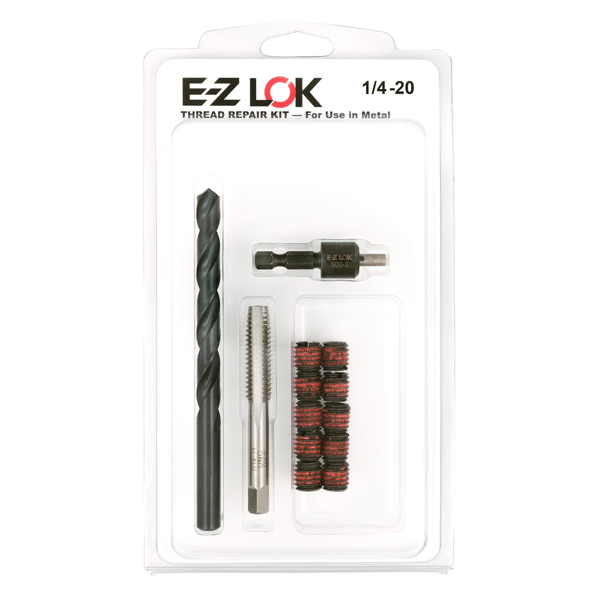 1/4"-20 x 7/16"-14 Carbon Steel Solid Wall Threaded Insert W/Red Loctite Standard Repair Kit with Inserts, Drill Bit, Tap, and Install Tool