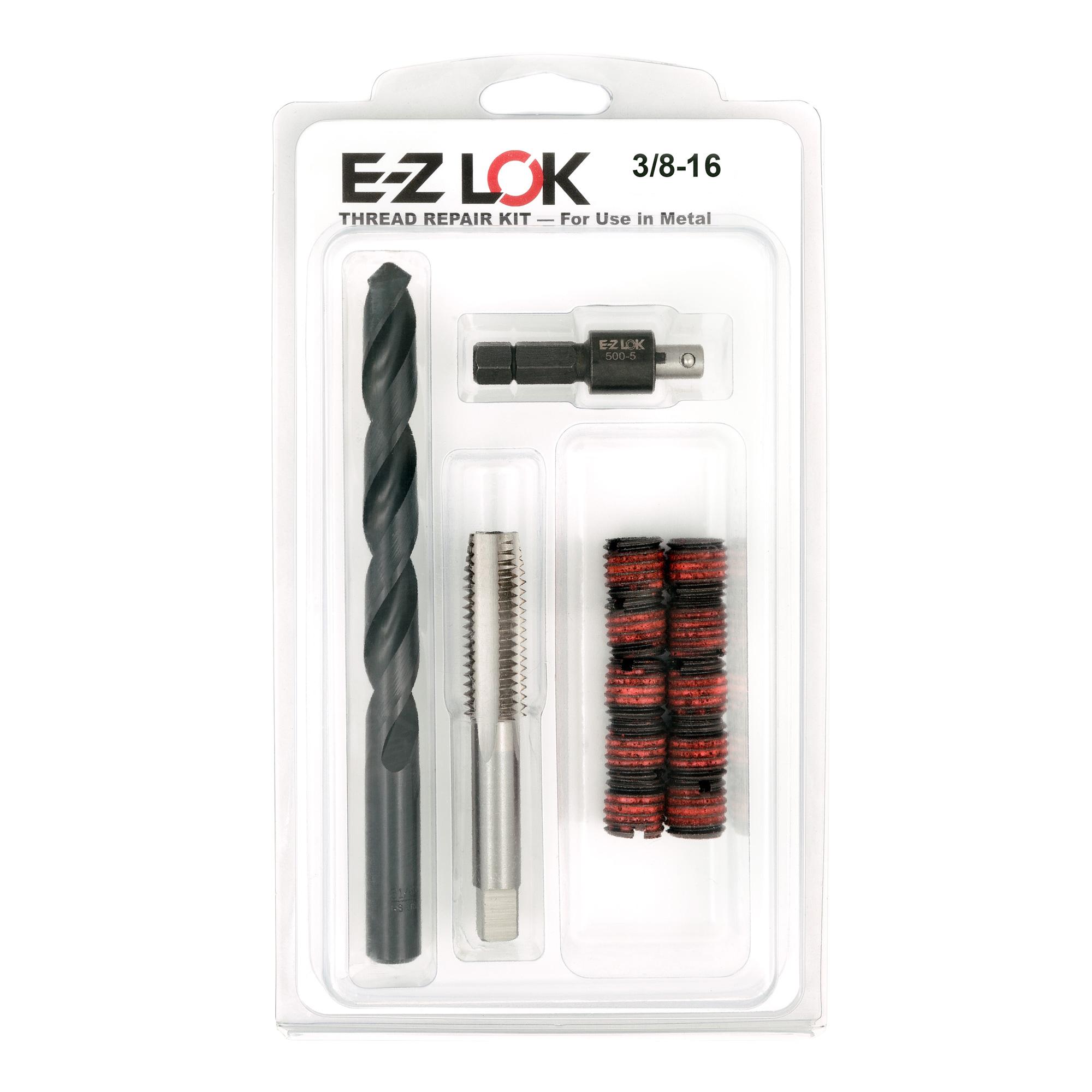 3/8"-16 x 9/16"-12 Carbon Steel Solid Wall Threaded Insert W/Red Loctite Standard Repair Kit with Inserts, Drill Bit, Tap, and Install Tool