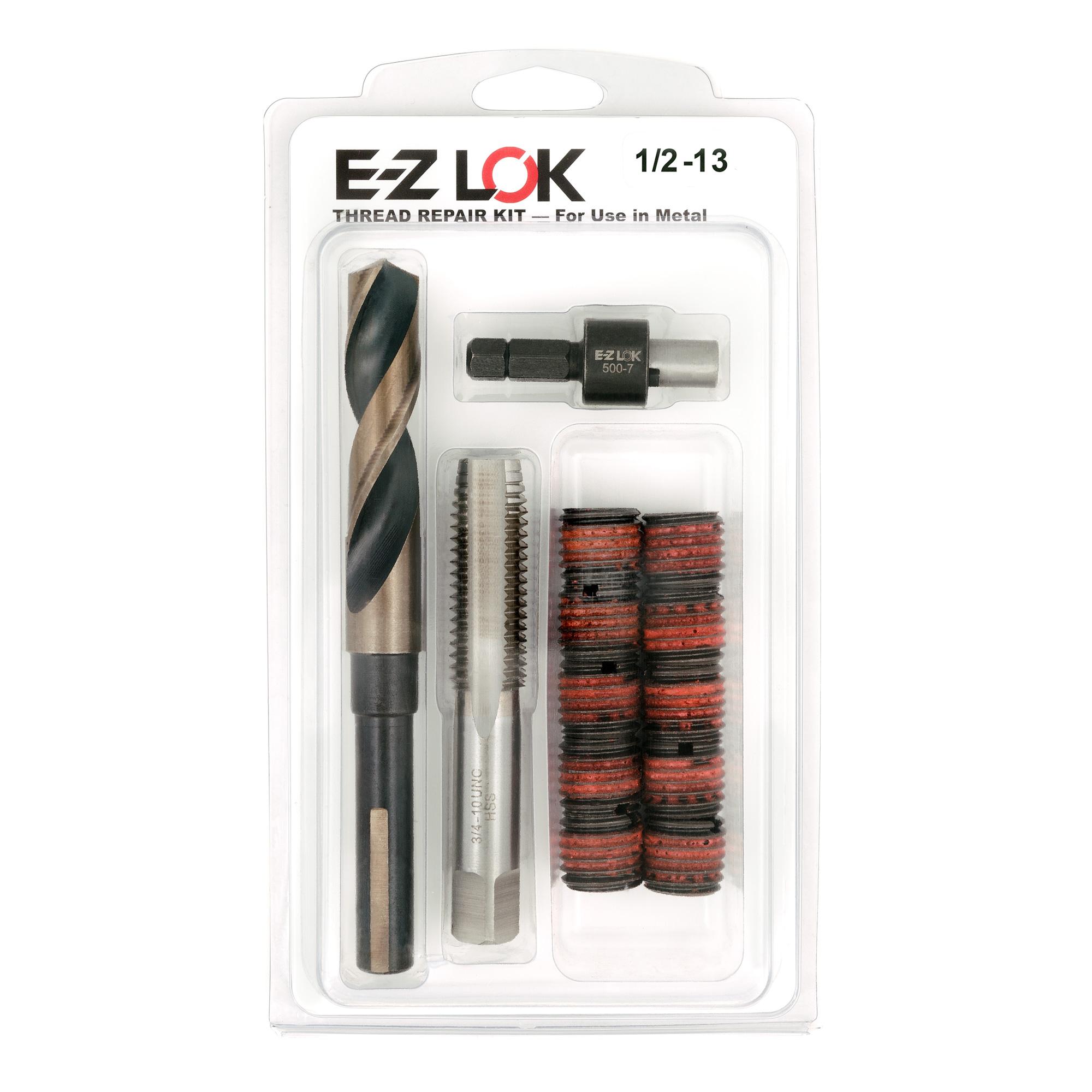 1/2"-13 x 3/4"-10 x 1" Length Carbon Steel Solid Wall Threaded Insert W/Red Loctite Standard Repair Kit with Inserts, Drill Bit, Tap, and Install Tool