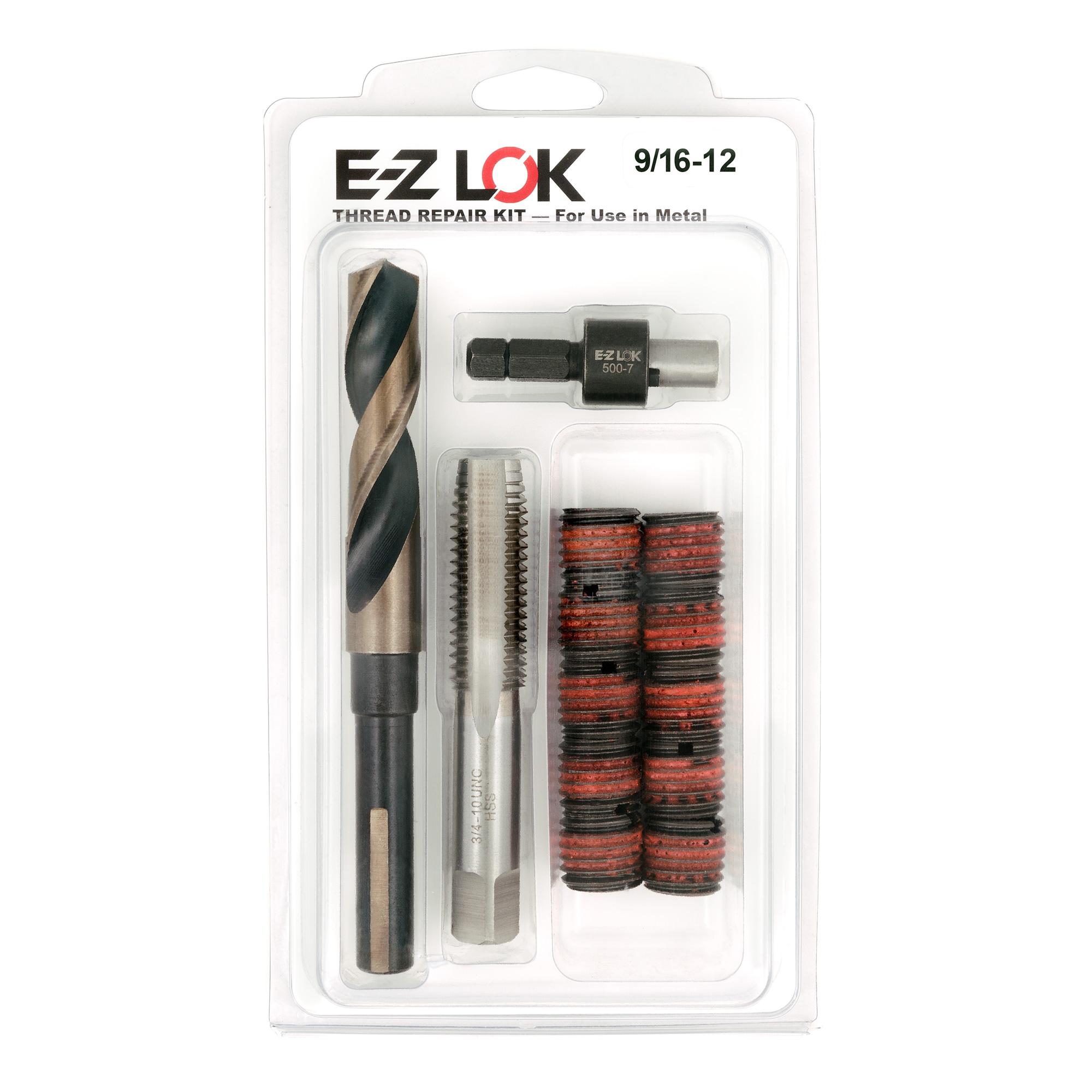 9/16"-12 x 3/4"-10 Carbon Steel Solid Wall Threaded Insert W/Red Loctite Standard Repair Kit with Inserts, Drill Bit, Tap, and Install Tool
