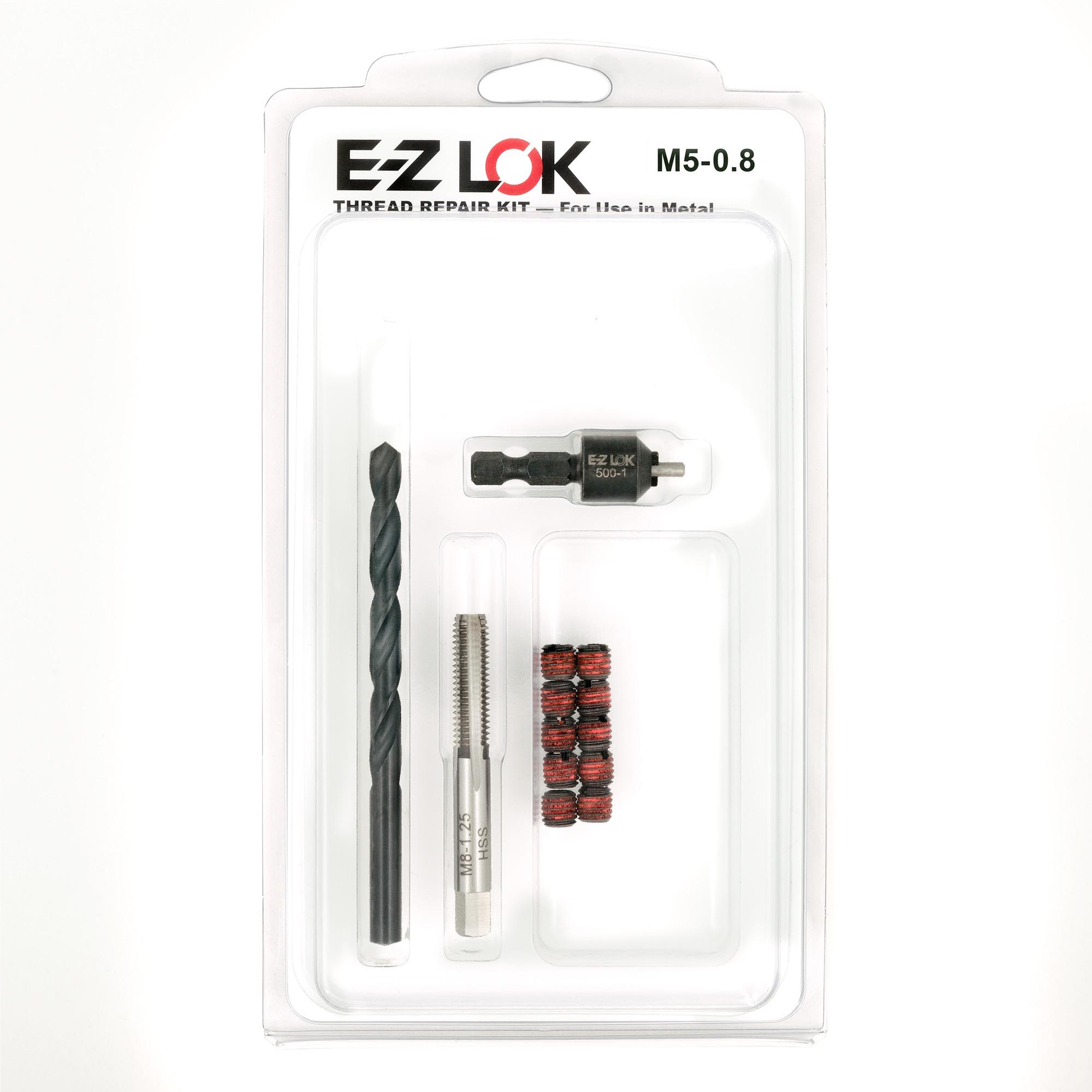 M5-0.8 x M8-1.25 Carbon Steel Solid Wall Threaded Insert W/Red Loctite Standard Repair Kit with Inserts, Drill Bit, Tap, and Install Tool