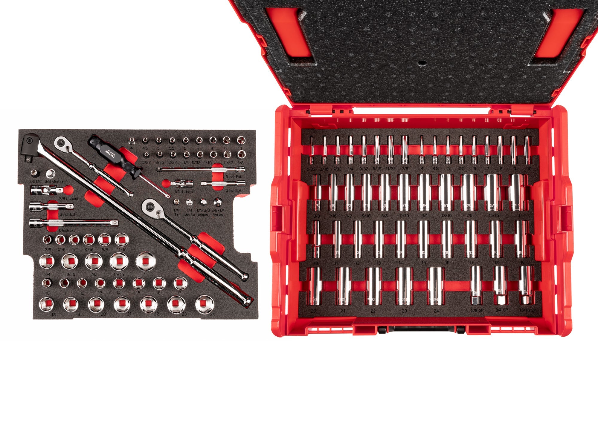 1/4, 3/8 Inch Drive Shallow and Deep 6-Point Socket Set with Lid Insert in Stacking Tool Box, 105-Piece (5/32 - 1 in., 4 - 24 mm)