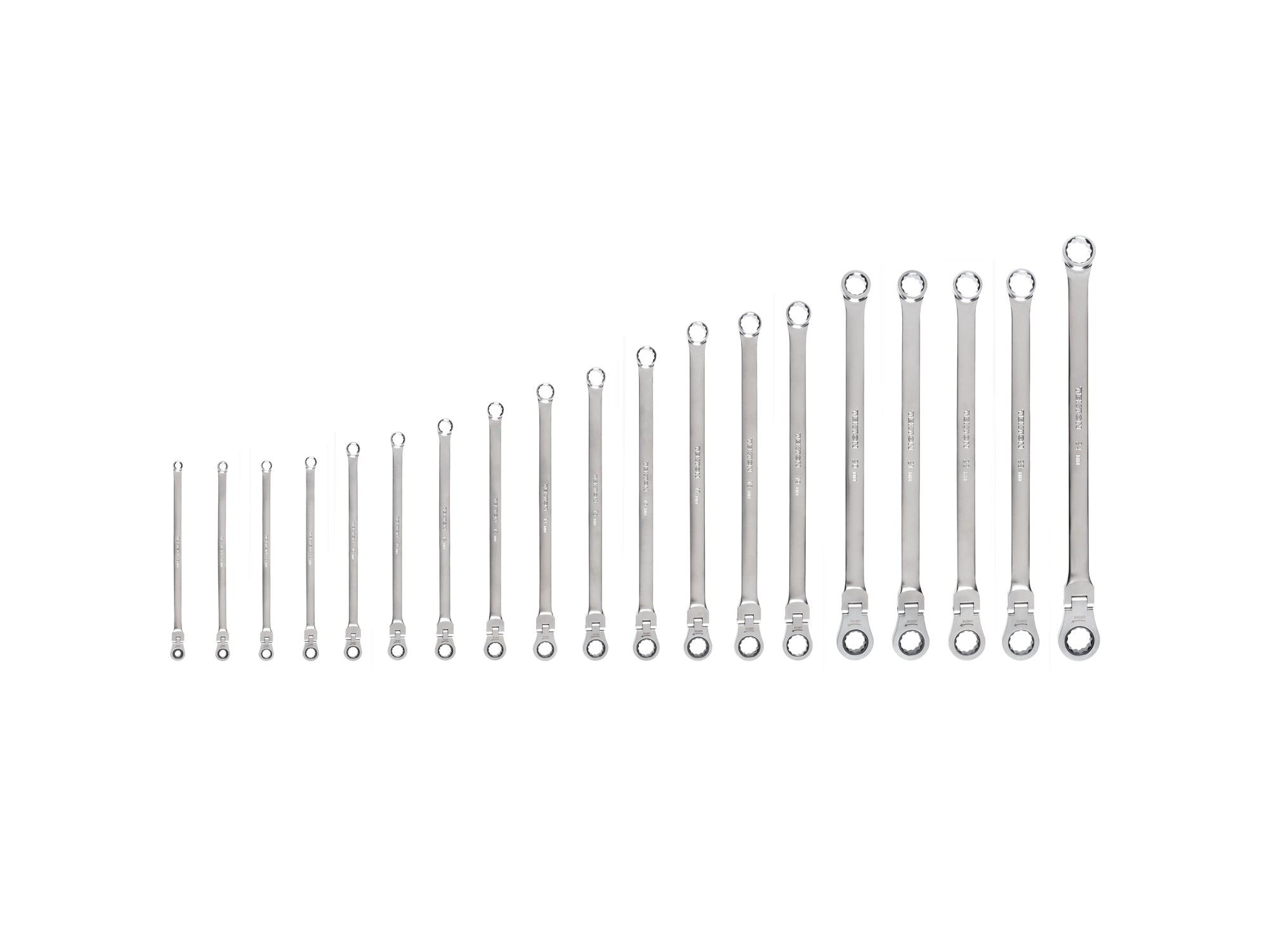 Long Fixed/Flex Head 12-Point Ratcheting Box End Wrench Set, 19-Piece (6-24 mm)