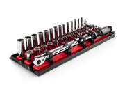 1/4 Inch Drive Shallow and Deep 12-Point Socket and Ratchet Set with Rails and Tray, 35-Piece (4 - 15 mm)