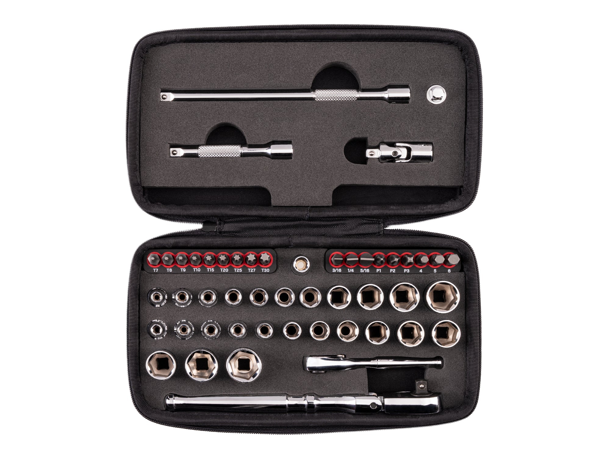 1/4 Inch Drive 6-Point Small Engine Shallow Socket, Bit, and Flex Head Quick-Release Ratchet Set with Case (50-Piece)