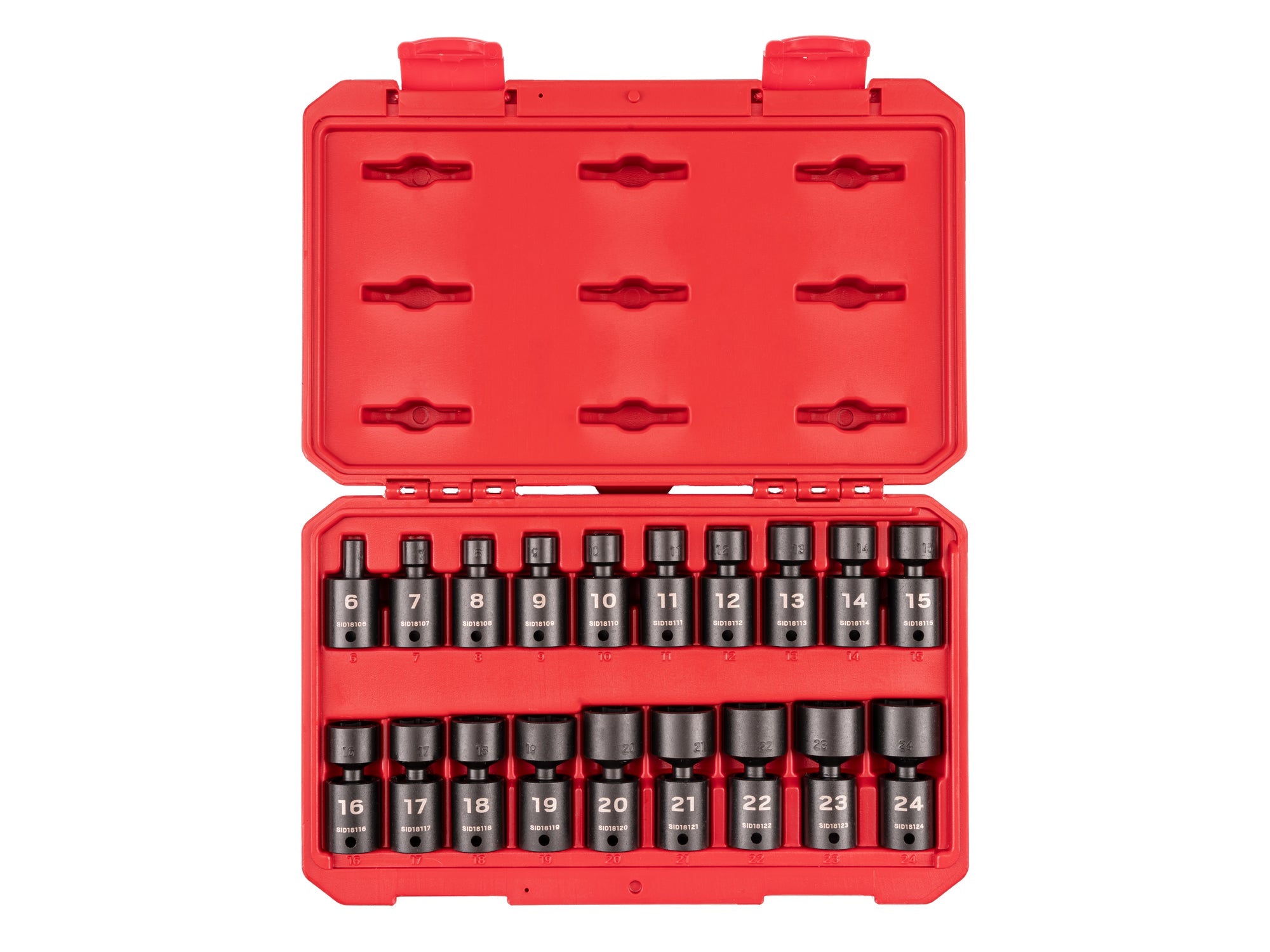 3/8 Inch Drive Shallow 6-Point Universal Joint Impact Socket Set with Case, 19-Piece (6 - 24 mm)