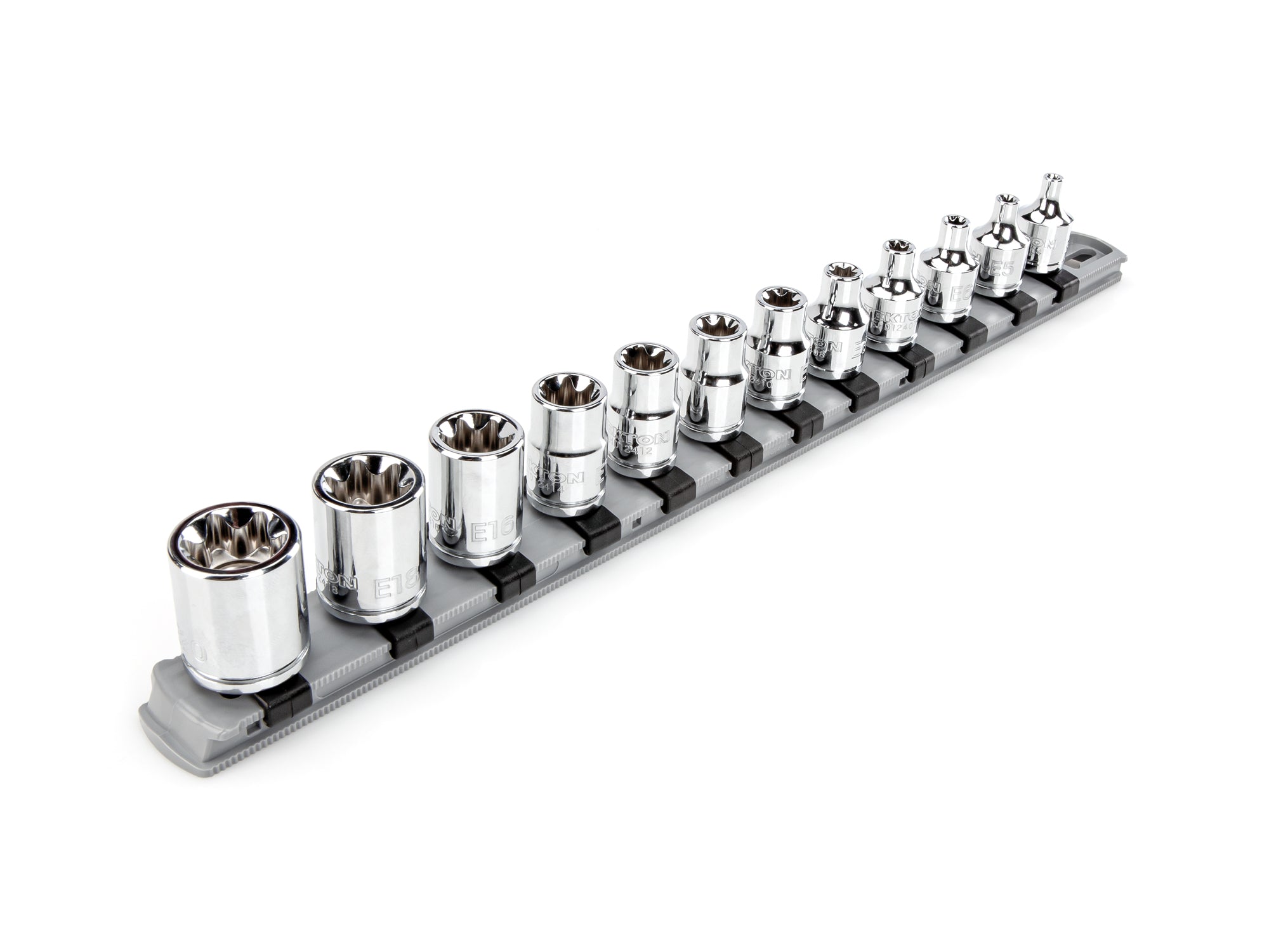 3/8 Inch Drive Shallow External Star Socket Set with Rail, 12-Piece (E4 - E20)