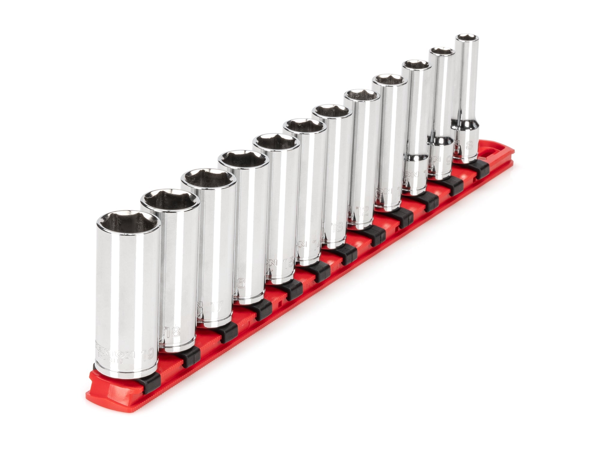 3/8 Inch Drive Deep 6-Point Socket Set with Rail, 12-Piece (8 - 19 mm)